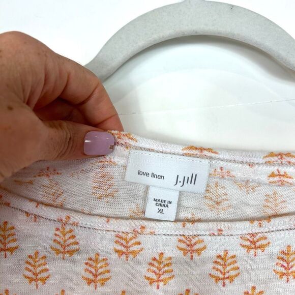 J. Jill Love Linen Knit Tee Short Sleeve Top Boho block stamp Pattern Shirt XL - Picture 2 of 11